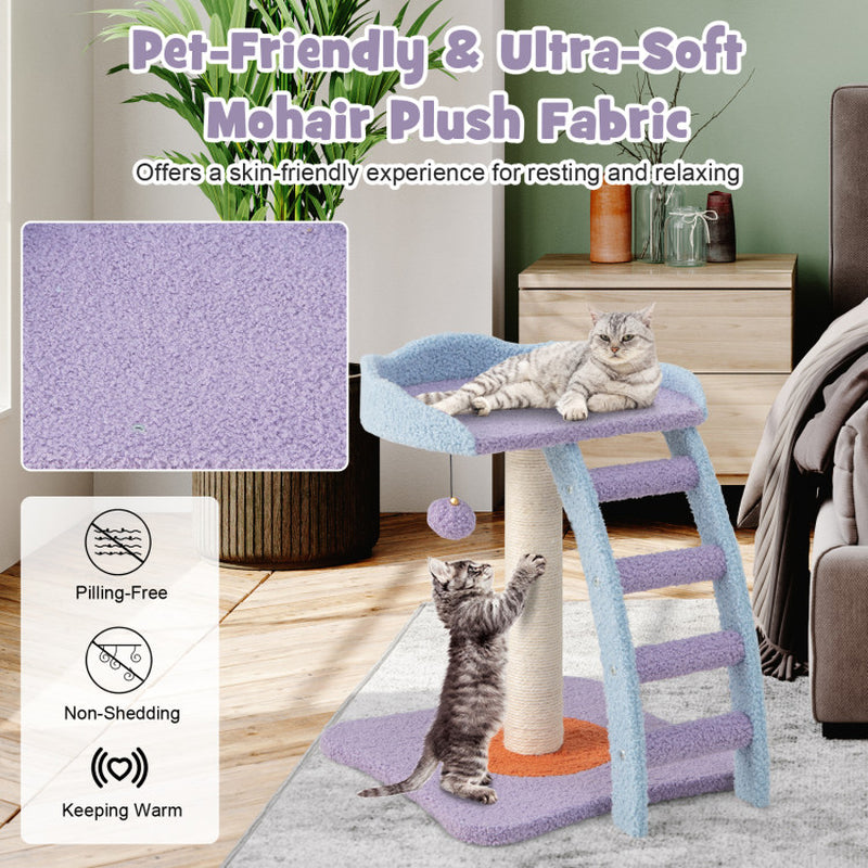 19 Inch Mohair Plush Cat Tree with Ladder and Jingling Ball