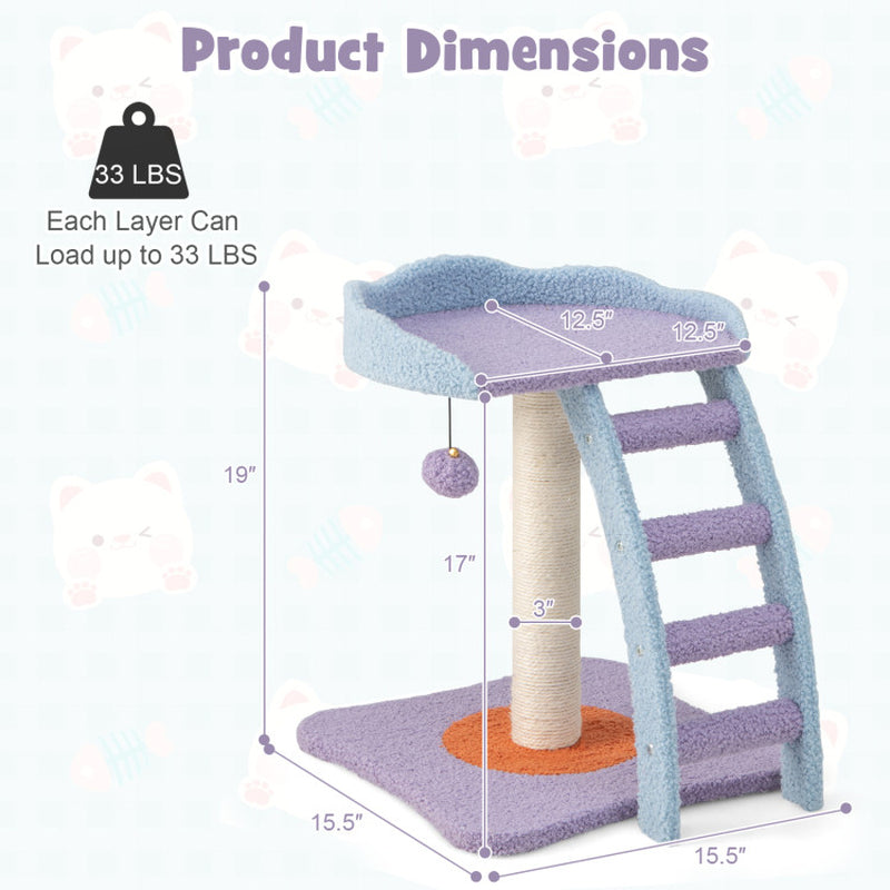 19 Inch Mohair Plush Cat Tree with Ladder and Jingling Ball