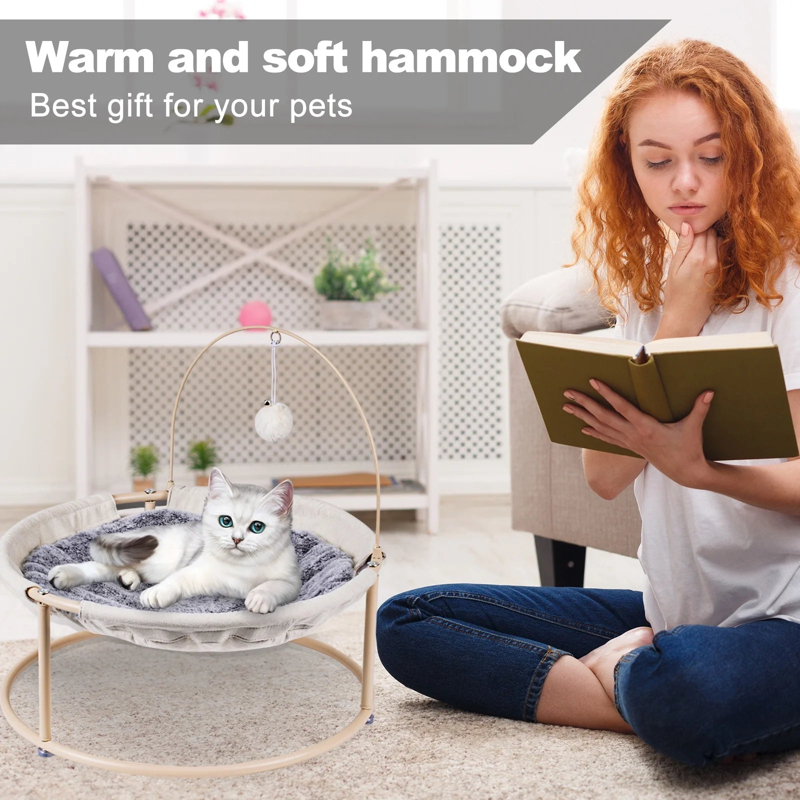 Cat Hammocks, Elevated Cat Bed with Bouncy Ball & Bell, for Cats and Small Dogs, Off-White