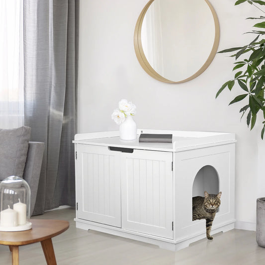 Multi-Functional Cat Washroom Bench Hidden Cat Litter Box Enclosure Furniture White