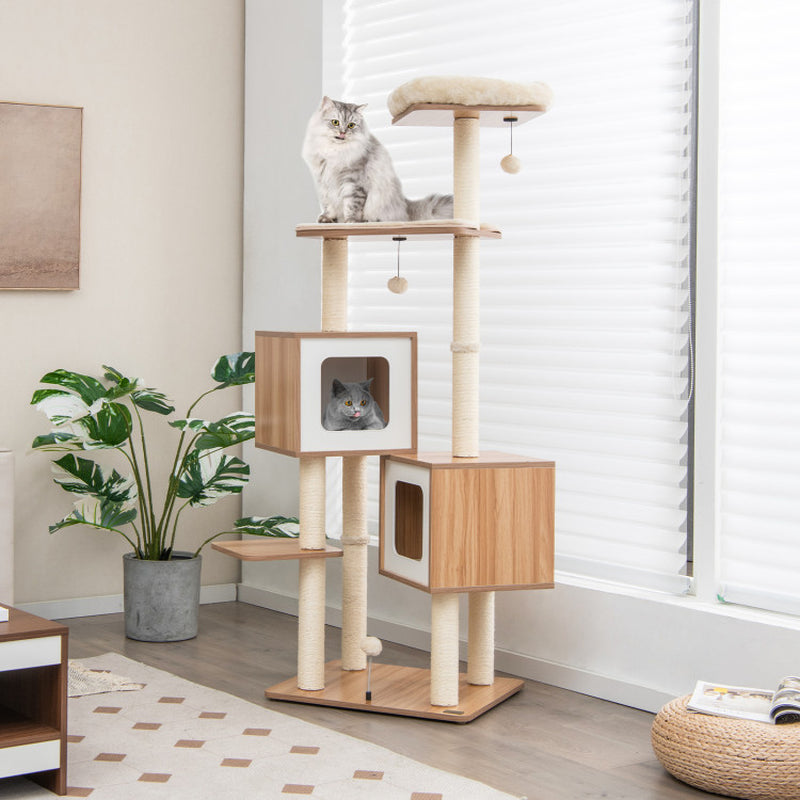 Modern Wooden Cat Tree with Perch Condos and Washable Cushions