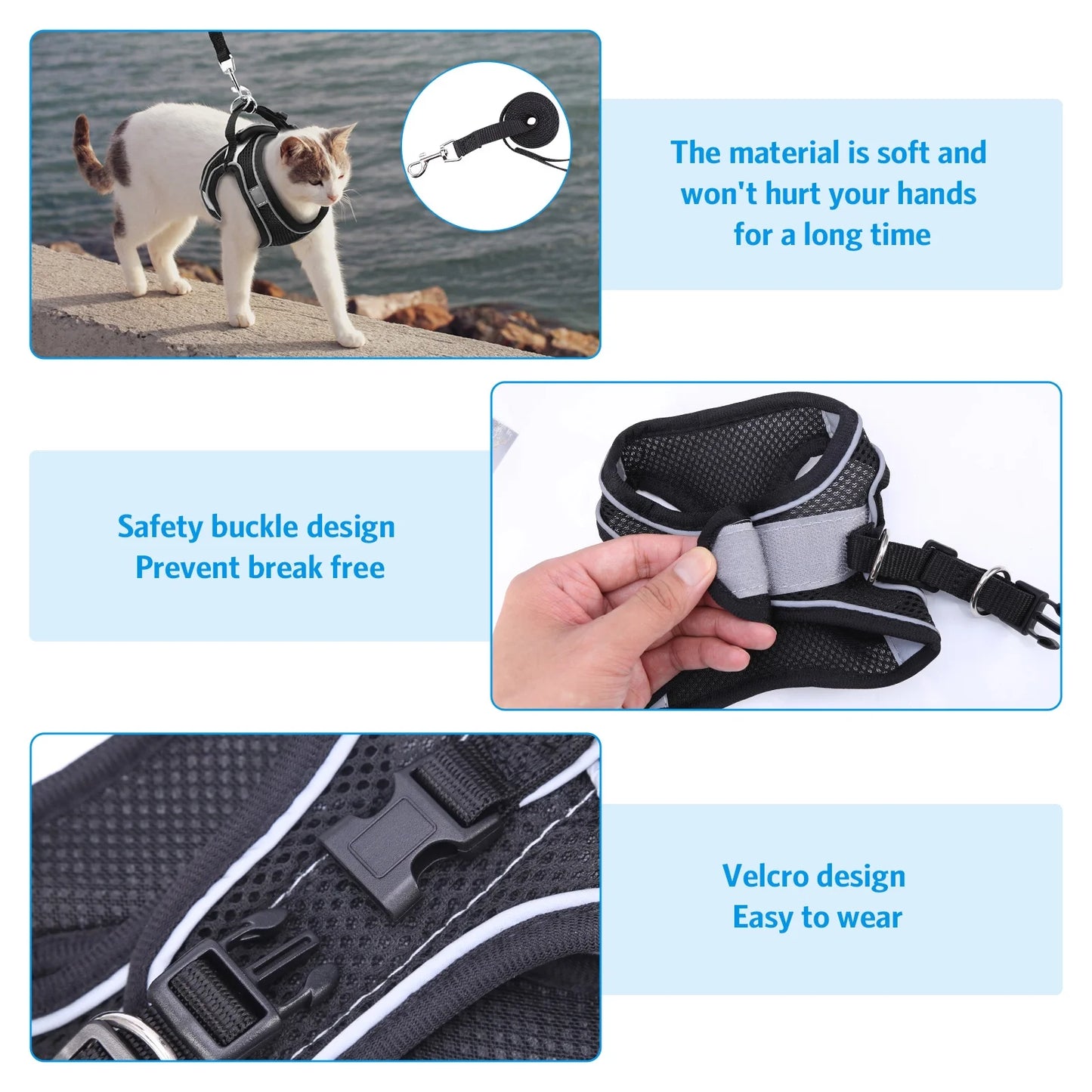 Cat Harness and Leash for Walking, Escape Proof Adjustable Cat Vest Harnesses, Easy Control Breathable Reflective Strips Jacket, Soft Harness for Puppy Small Medium Large Cats, Black(S)