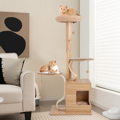 4-Layer Wooden Cat Tree 51 Inch Tall Cat Tower with Condo and Washable Cushions