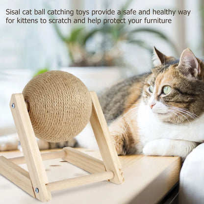 Cat Scratching Ball Natural Sisal Cat Scratcher Toy with Catnip Interactive Solid Wood Scratcher Ball 7X7X6.3 Inch Cat Scratch Post with Rotatable Ball for Indoor Cats and Kitten