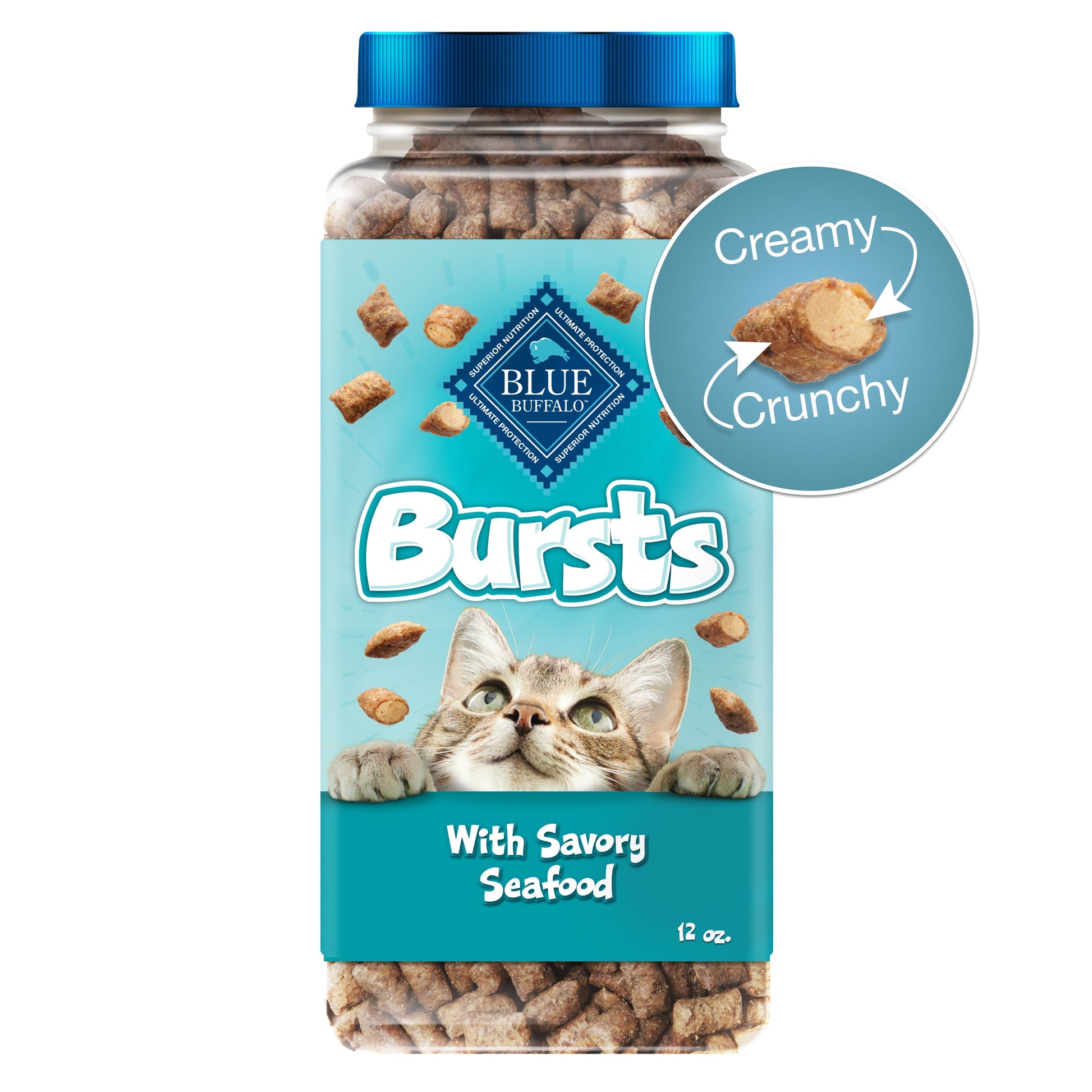 Bursts Crunchy & Creamy Dry Cat Treats, Great for Training, Seafood, 12-Oz. Tub