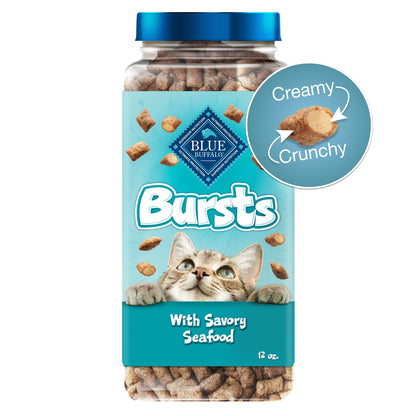 Bursts Crunchy & Creamy Dry Cat Treats, Great for Training, Seafood, 12-Oz. Tub