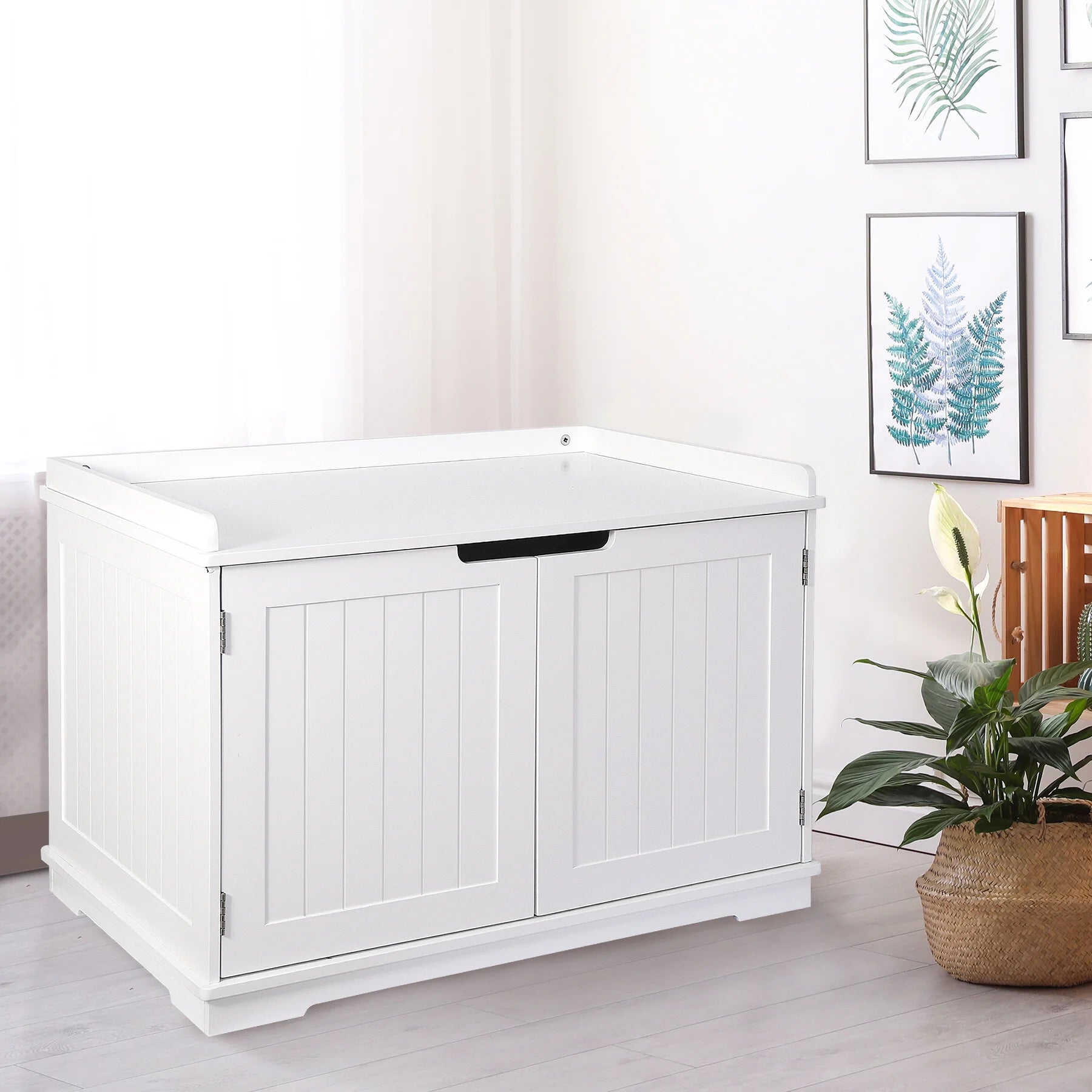 Multi-Functional Cat Washroom Bench Hidden Cat Litter Box Enclosure Furniture White