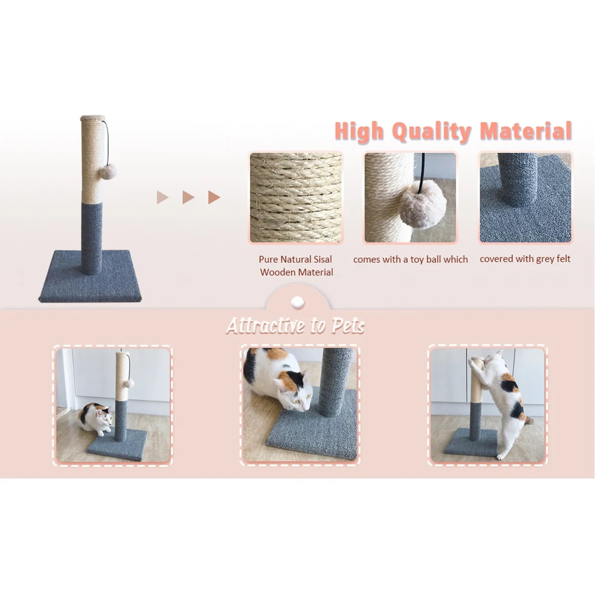 20" Cat Scratching Post, Cat Scratcher Pole Tower with Sisal Toy Board Pad for Indoor Cats