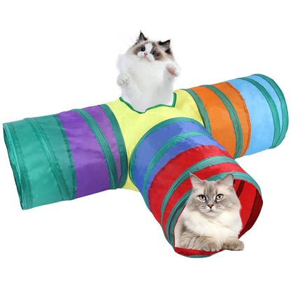 Rainbow Interactive Cat Toys,Foldable T-Movement 3-Ways Tunnels for Indoor Cats