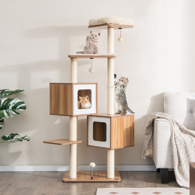 Modern Wooden Cat Tree with Perch Condos and Washable Cushions