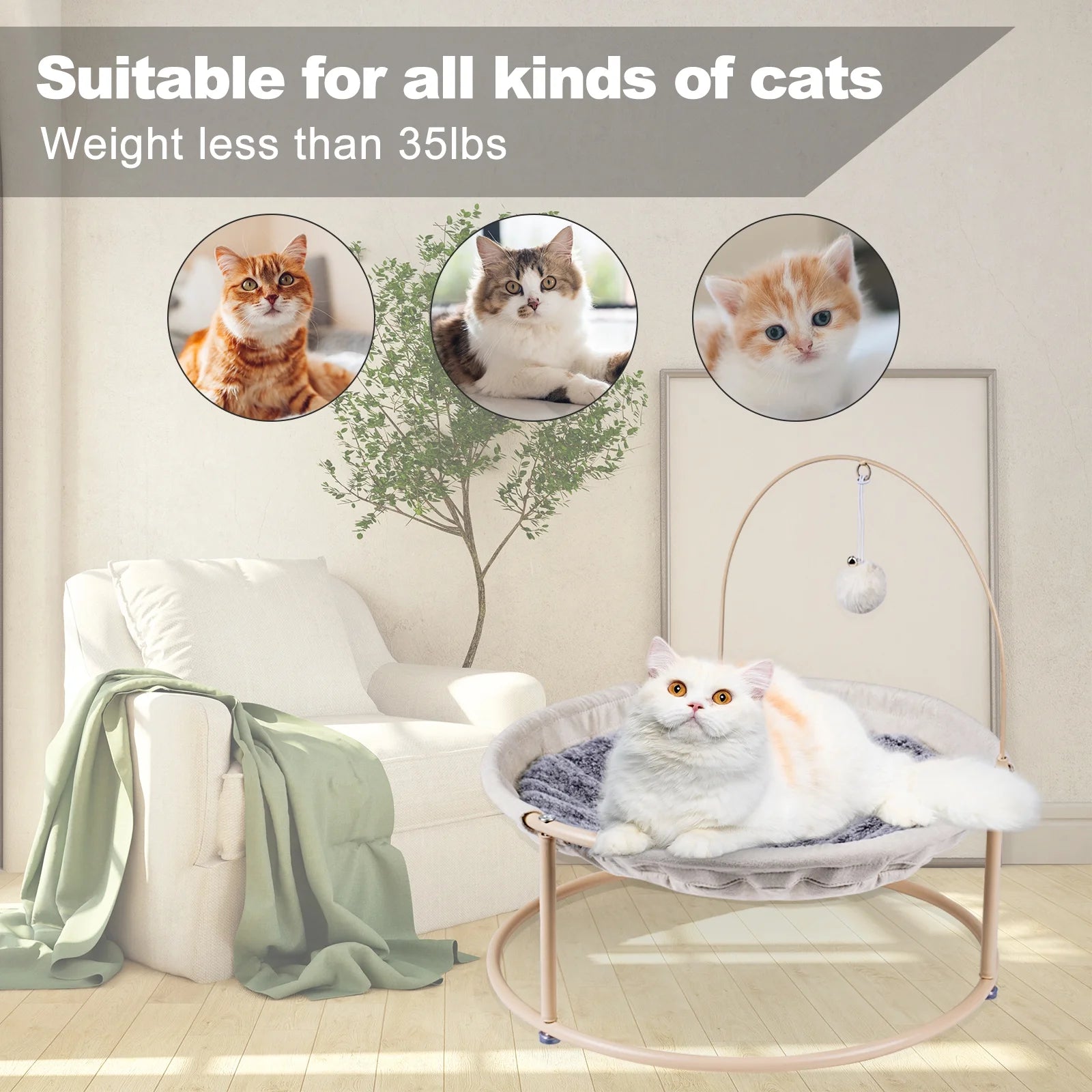 Cat Hammocks, Elevated Cat Bed with Bouncy Ball & Bell, for Cats and Small Dogs, Off-White